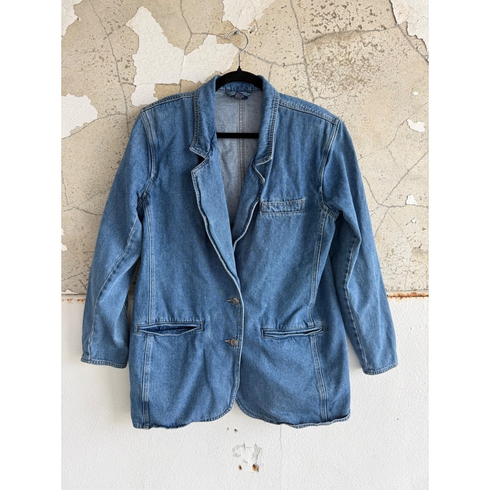 Vtg 90s Denim‎ Blazer Jacket Medium Wash Cotton Jean Coat Womens M Oversized